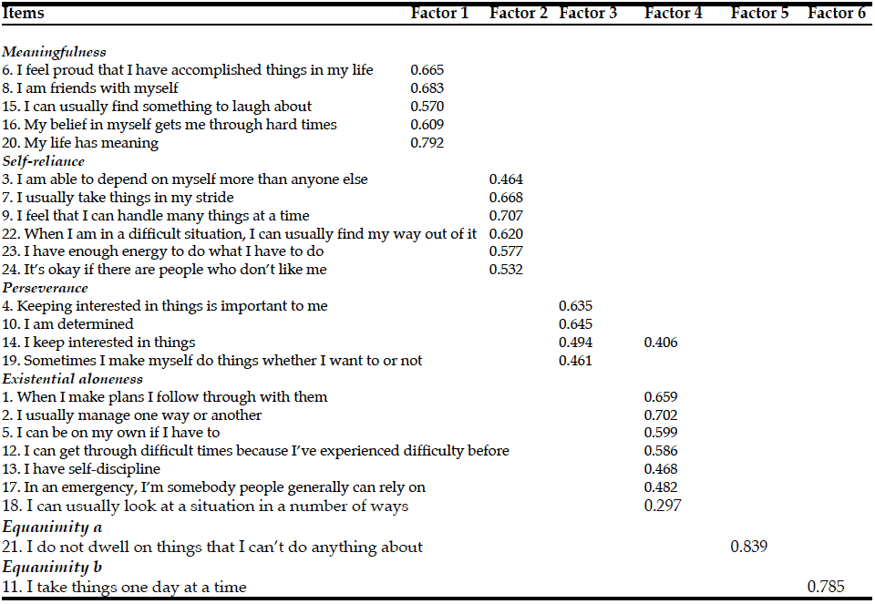 Table 4 Factor Analysis: factor loadings of each item of the Resilience Scale on selected factors