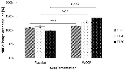 Figure 2 Nrf2 after supplementation with WCCP. Nrf2 was detected in nuclear extracts from isolated white blood cells. During the placebo supplementation, Nrf2 did not show any significant increase. When treated with WCCP, Nrf2 was increased at T60 (114% ±2%), T120 (132 ± 4%) and T180 (145% ±6%). When compared to placebo, T60 and T120 showed no significance (P= 0.5 and P=0.3 respectively). However, T180 was significant (P=0.03). Data are presented as Mean ± SE; n=10