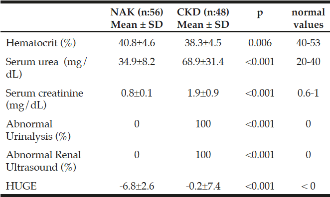 Table 2 Comparison between chronic kidney disease (CKD) and normal ageing kidney (NAK) elderly individuals: hematocrit, uremia, creatininemia, urea, urinalysis, renal ultrasound, and HUGE equation